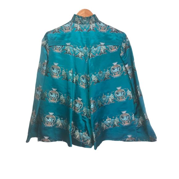 VTG 50's Golden Lotus at Waikiki Satin Embroidered Jacket Pockets Teal Boho Sz L - Picture 2 of 11